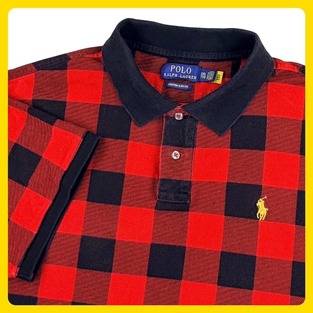 Polo Ralph Lauren Buffalo Plaid Polo Shirt Men 2XL‎ Red Black Cotton Slim Fit